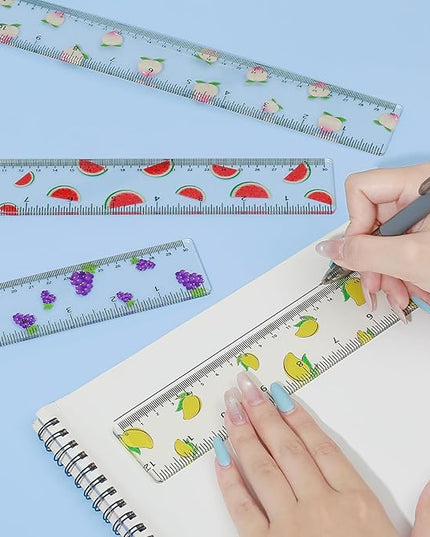 BAYTORY 4Pcs Transparent Acrylic Ruler 12 Inch, Clear Plastic Straight Rulers, Shatterproof Student Stationery Centimeters with Inches, for Classroom Essentials School Supplies (Fruit)