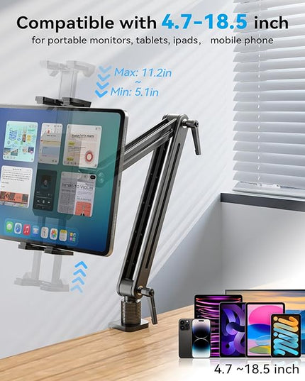 Adjustable Portable Monitor Stand 15.6" - 360° Rotating Base Tall Tablet Desk Arm Holder Stand for iPad Air/Pro/Mini Swivel Flexible Bed Clamp Mount Soporte para Tablet/Monitor Portatil/Ereader