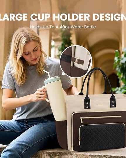 LOVEVOOK Laptop Tote Bag for Women With Large Cup Holder, Work Bags Teacher Nurse Bag, 17.3 Inch Professional Briefcase Business Travel Large Purses Handbag Gifts, Diaper Bag With Multi-Pockets