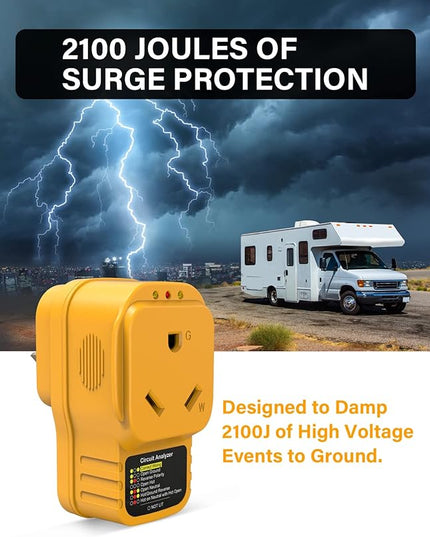 30 Amp RV Surge Protector with Circuit Analyzer, 30A Male to Female Plug, 2100 Joules Surge Protection, LED Indicator Lights for Camper & Travel Trailer (Basic)