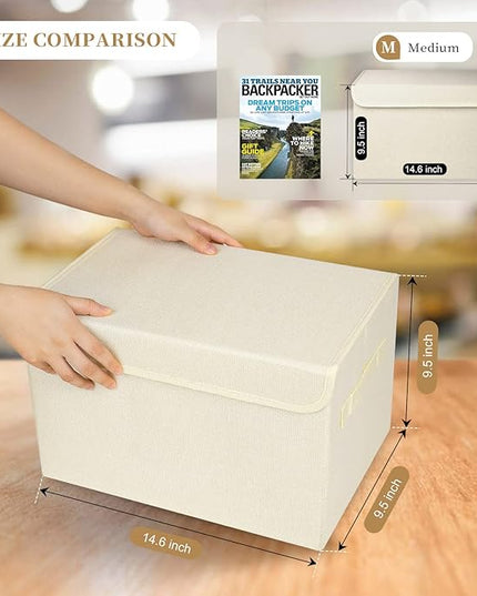 Large 22 Quart [4-Pack] Linen Fabric Foldable Storage Bin Cube Organizer Basket with Flip-Top Lid & Handles, Clothes Blanket Box for Home, Office, Closet (14.6 x 9.5 x 9.5, Beige)