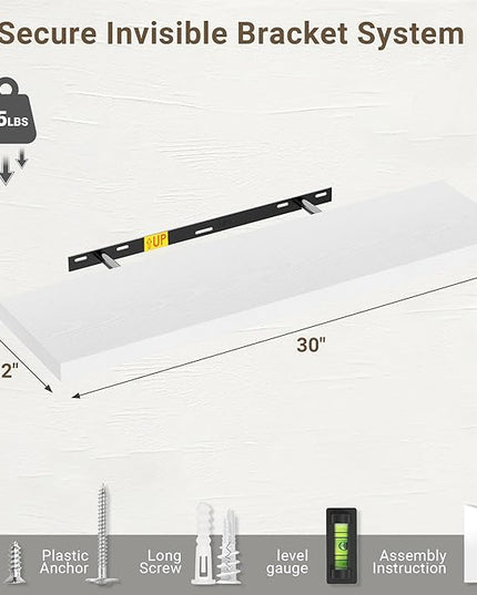 Vivelove 10 in Deep Floating Shelves for Wall, 30" x 10.2" x 1.5" Shelves for Room Wall Mounted, 1.5 Inch Thick Shelf for Bathroom Bedroom Kitchen Book Room, Modern Farmhouse Decor, Set of 2, White