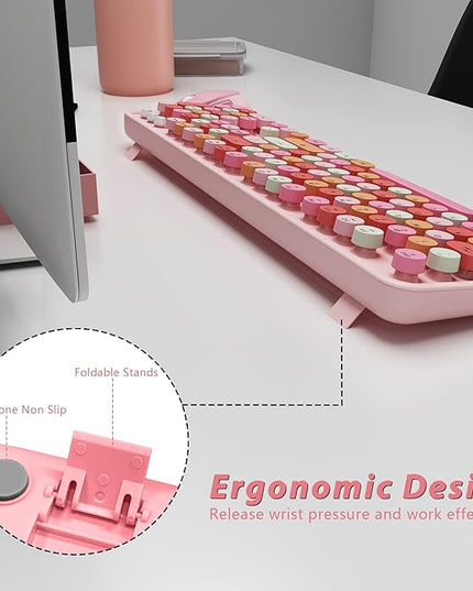 KOOTOP Cute Pink Wireless Keyboard and Mouse, 2.4G Retro Round Keycap for PC, Mac, Laptop, Tablet, Computer Windows