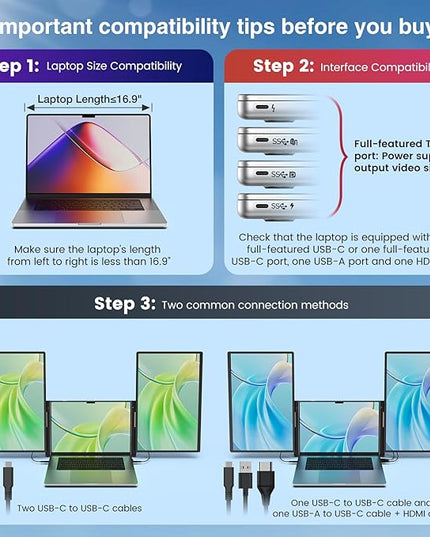 FLYTOCCA 16" Laptop Screen Extender, Updated 1200P FHD Portable Monitor with 16:10 Aspect Ratio Screen, Rotation Detachable Screen, Laptop Monitor Extender Compatible with Windows, Mac, Chrome
