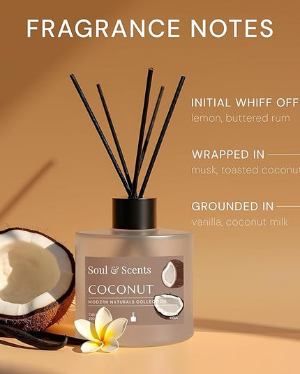 Soul & Scents Reed Diffuser Set – Coconut | 7.43 oz Refillable Scented Oil with 6 Fiber Sticks | Long-Lasting Home Fragrance & Air Freshener for Bedroom, Bathroom, Office | Gift & Décor Piece