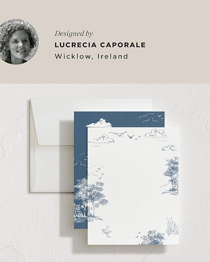 Minted Lake Side Toile Stationery Set, Set of 10 Flat Note Cards & Envelopes for Invitiations and Handwritten Thank You Messages, Toile Design, Lake & Forest Scene, Gifts for Women, Luxurious Paper