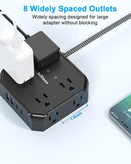10FT Surge Protector Power Strip, Braided Extension Cord, 8 Outlets 4 USB Ports(2 USB C), Flat Plug Power Strip, USB Desktop Charging Station for Office School Travel Dorm Room Essentials