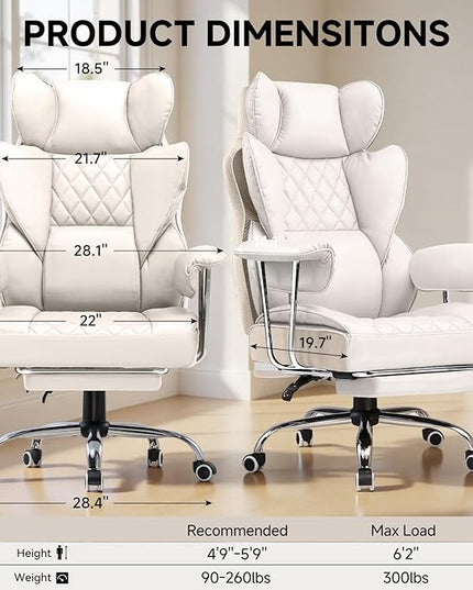COMHOMA Big and Tall Office Chair, High Back Leather Gaming Chair with Footrest, Executive Ergonomic Office Chairs with Pocket Spring Lumbar Support and with Outward Fixed Soft Armrests