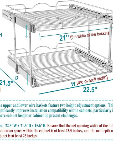 OCG 2 Tier Pull Out Cabinet Organizer (22.5" W x 21.5" D), Pull Out Drawers for Kitchen Cabinets, Pull Out Shelves for Base Cabinet Organization in Kitchen Bathroom Pantry, Chrome Finish