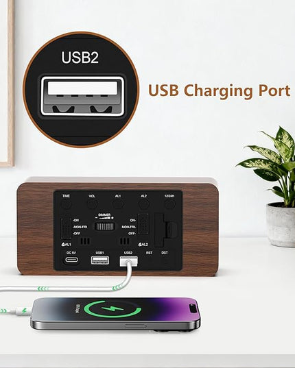 Fomobest Wooden Digital Alarm Clock for Bedroom - Desk Clock with Date, Day of Week, Temperature, Dual Alarms, Dimmer, USB Port Charge, DST, Adjustable Volume for Living Room/Office Wood Decor (Brown)