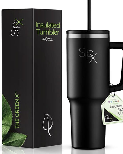 SIPX™ 40 oz Insulated Tumbler with Handle & Straw – Vacuum Insulated Stainless Steel, Leakproof, Cupholder Friendly – Perfect for Iced Coffee, Water & Travel – Black