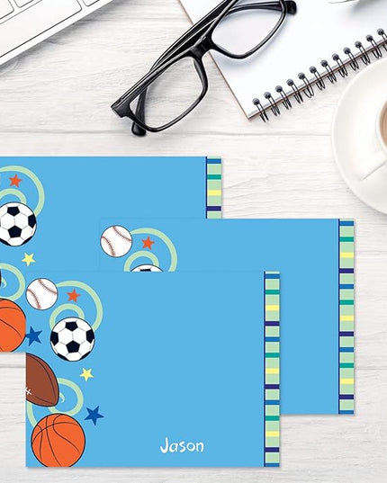 Current Sports Balls Kids Personalized Note Cards - 24 Cards with White Envelopes, 4¼ x 5½ Inch Size, Blank Stationery, Add Names or Text, For Thank You Notes, Invitations, & Announcements
