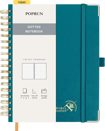 POPRUN Spiral Bullet Dotted Journal Notebook, 7-1/4" x 9-1/2" - 120 GSM Thick Paper, 220 Numbered Pages, Hardcover for Men & Women with Pocket, Index Tabs, 8 Perforated Sheets, Pacific Green