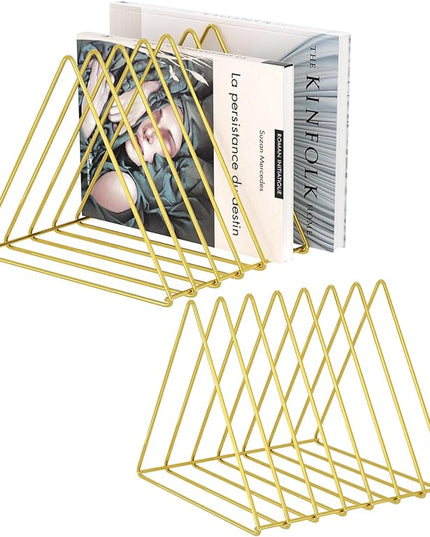 Urban Deco Triangle Desk Organizers Metal Wire Magazine Holder 7 Sections Decorative File Folder Organizer Vinyl Record Storage Office For Desk - Gold Magazine File Holder - Pack of 2