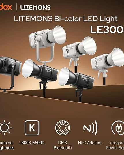 Godox Litemons LE300Bi COB Led Video Light,320W Power,2800-6500K CCT,58900 Lux@1m,Bowens Accessory Mount,Wired DMX/RDM,Bluetooth for Studio Photography Video Recording Live Streaming (White)