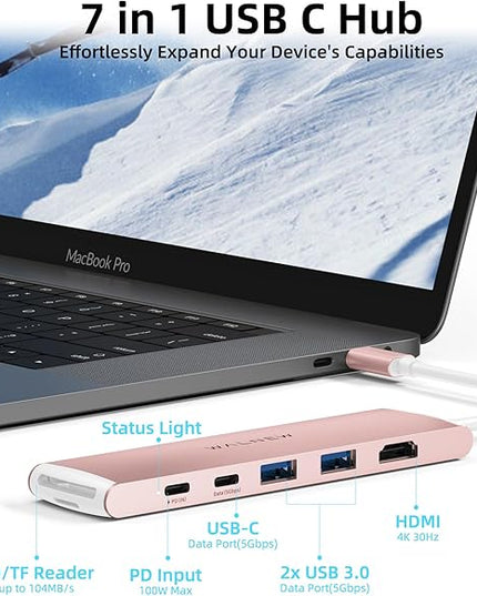 WALNEW 7 in 1 USB-C Hub with 4K HDMI,100W PD,5Gbps Data Port(1 Type-C & 2 USB 3.0),SD/TF Reader, Thunderbolt 4 Dock Multiport Adapter for MacBook Pro Air,Mac,iPad 10/Mini 6,Surface (Pink)