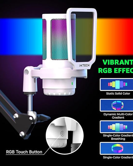 IXTECH Gaming Microphone for PC with Boom Arm, Podcast Condenser Mic with Pop Filter, Quick Mute Button, Gain Knob, Mic Arm and Computer Mic with Gain Control for Streaming Podcasting Recording