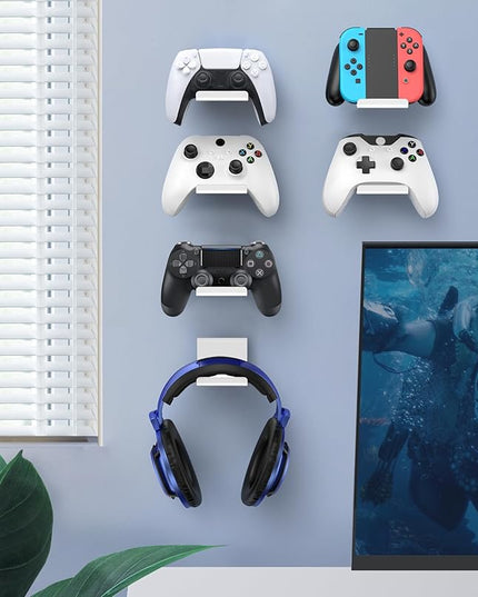 4 Pack Foldable Controller Wall Mount Holder for Xbox PS5 PS4 PS3 Switch Pro Strong Adhesive/Screw Upgraded Controller Stand Hanger with Anti-slip Pad Universal Gaming Remote, Headphone Accessories