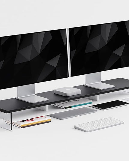 Dual‑Tier Monitor Stand for Modern Desk Setup – Minimalist Wooden and Metal Riser Shelf with Transparent Acrylic Feet for Dual Monitors, Laptops, Home Office Aesthetic，Black and White