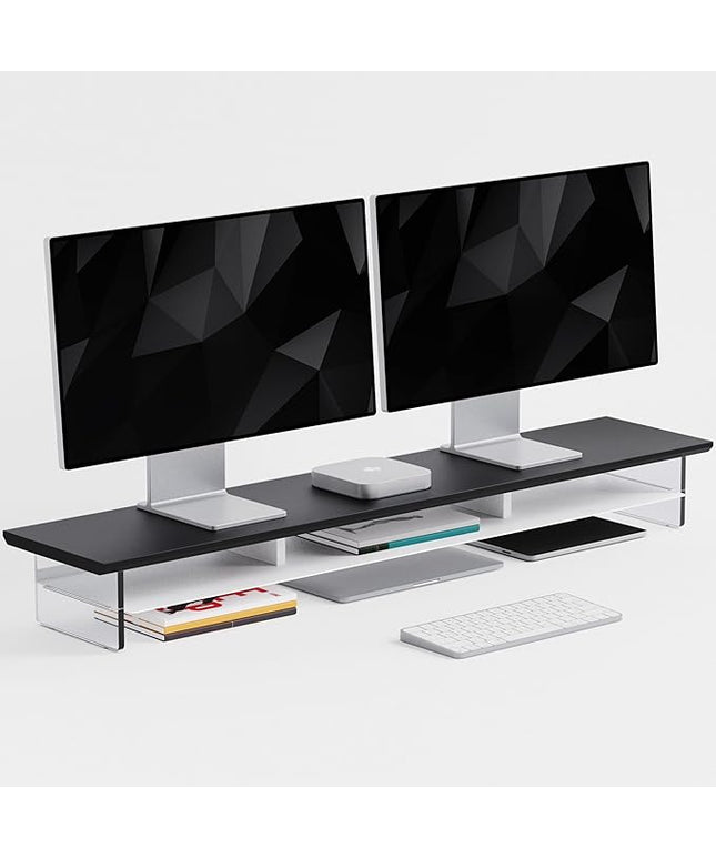 Dual‑Tier Monitor Stand for Modern Desk Setup – Minimalist Wooden and Metal Riser Shelf with Transparent Acrylic Feet for Dual Monitors, Laptops, Home Office Aesthetic，Black and White