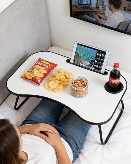 Laptop Bed Desk, Foldable Wooden Lap Desk with Cup Holder & Tablet Slot, Portable Lap Table & Bed Tray Table for Eating & Lap Desk Food Tray & Working on Couch, Sofa & Bed, 23.8 x 15.8 in.