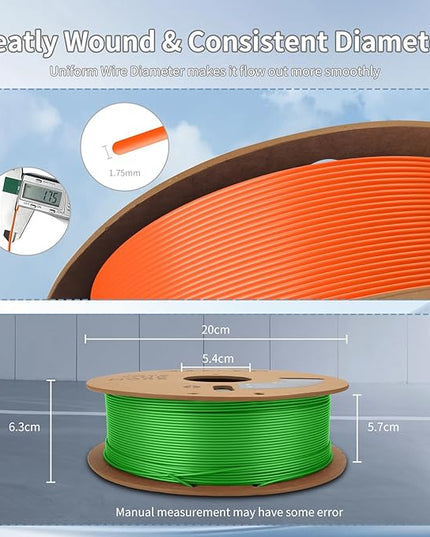 3D Printing Filament Basic PLA Filament Bundle 1.75mm Cardboard Spool Dimensional Accuracy +/- 0.03 mm Fit Most 3D FDM Printer 1KG*2 spools-Green+Orange