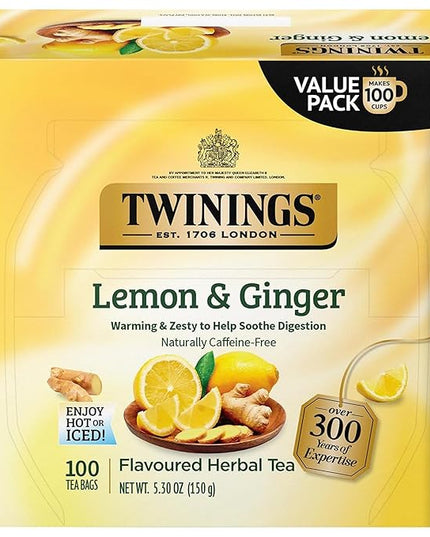 Twinings Lemon & Ginger Herbal Tea Individually Wrapped Bags, 100 Count (Pack of 1), Tangy Lemon, Spicy Ginger, Naturally Caffeine-Free, Enjoy Hot or Iced, 100 Teabags