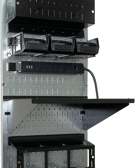 Wall Control Power Tool Storage Organizer Kit Cordless Drill Holder Charging Station Rack 16” x 32” Metal Pegboard Organization System (Metallic Pegboard)