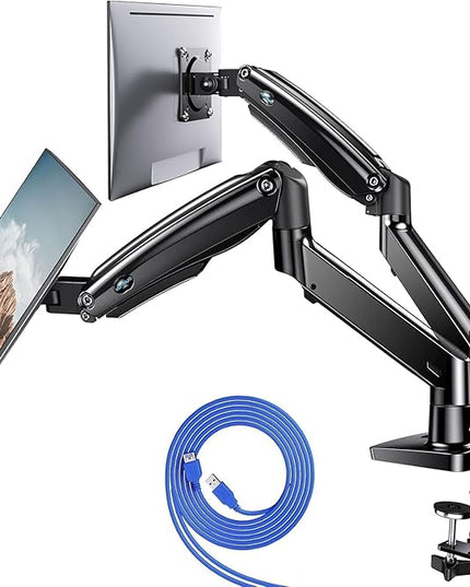 HUANUO NITROGLIDE™ Dual Monitor Stand for 13″–40″, Premium Dual Monitor Mount with USB, Height Adjustable Monitor Stand for 2 Monitors, VESA Mount with Clamp/Grommet Base, Holds 26.4lbs per Arm, HNDS7