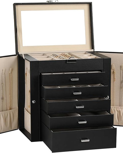 Frebeauty Large Jewelry Box,6-Tier PU Leather Jewelry Organizer,Multi-functional Storage Case with Mirror,Accessories Holder with 5 Drawers for Necklace Bracelets Watches(Black)