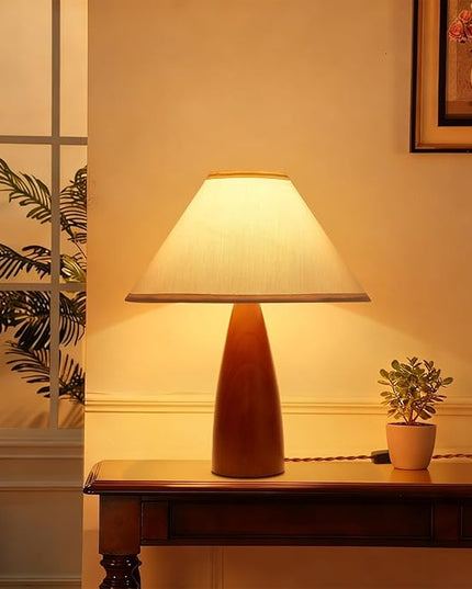 Bedside Table Lamp for Bedroom, Mid-Century Modern Plug in Fabric Shade & Solid Wood Base Desk Lamp, Plug & Play Red Wood Nightstand Lamp for Living Room, Office 【Bulb Included】