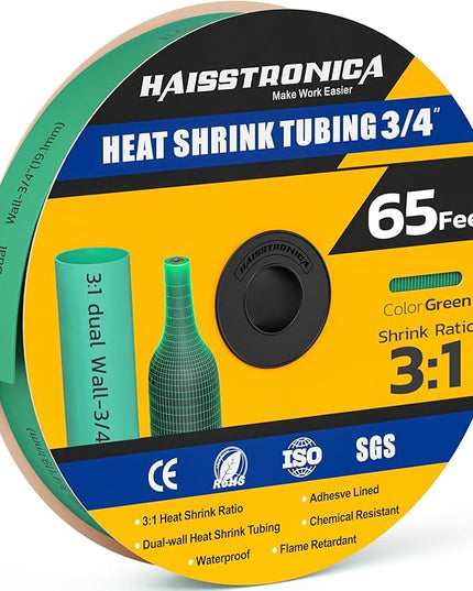 haisstronica 3:1 Heat Shrink Tubing, Shrink Ratio Adhesive Lined Marine Grade Heat Shrink Tube for Home, Automotive and Industrial (Green) 65FT 3/4inch