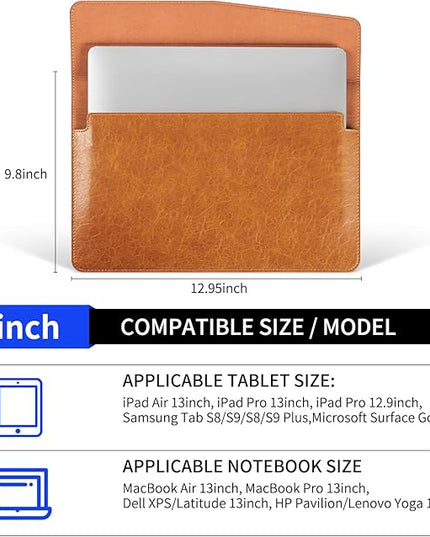 13 inch Genuine Leather Laptop Sleeve for MacBook Air 13 inch M4 M3 M2 M1 2025-2018 & MacBook Pro 13 inch M2 M1 2025-2016，Protective Case Cover with Magnetic Closure,Yellow Brown
