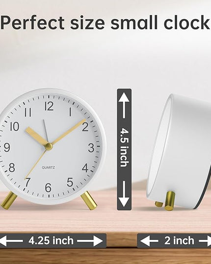 Analog Alarm Clock, 4 inch Super Silent Non Ticking Small Clock with Night Light, Battery Operated, Simple Design, easy setting for Office, Bedroom, Bedside, Desk, teens, elders, kids, adult, White