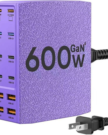 USB Charging Station (600W),12-Port USB C Charger Block with Dual 100W PD USB-C Fast Charging Station Hub for MacBook Pro/Air/All iPad Phone 17/16 15/14/13/Pro Max/Samsung Galaxy Note(Purple)