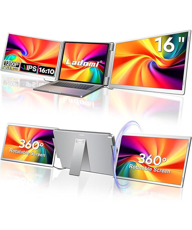 16" Laptop Screen Extender, 1200P FHD Triple Portable Laptop Monitor Extender for 12"-18.5" Laptops, 16:10 Aspect Ratio Rotation Screen, Compatible with MacOS, Wins, Chrome, Surface