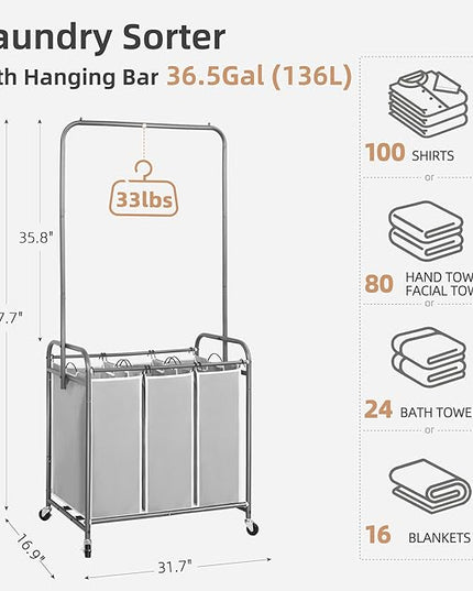 STORAGE MANIAC 136L Laundry Sorter with Hanging Bar, Portable, Removable Laundry Hamper Cart with Heavy Duty Rolling Lockable Wheels and Removable Bags, Rolling Laundry Basket Organizer, 3 Section