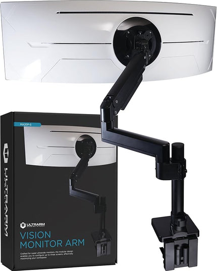 Heavy Duty Monitor Arm for Ultrawide Monitors up to 57" and 44 lbs, Single Desk Stand, Pneumatic Height Adjustable, Modular Extension Arms - Max VESA 100x100, Black, MA20P-S