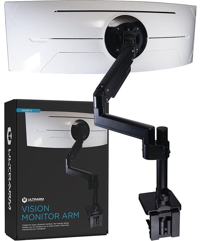 Heavy Duty Monitor Arm for Ultrawide Monitors up to 57" and 44 lbs, Single Desk Stand, Pneumatic Height Adjustable, Modular Extension Arms - Max VESA 100x100, Black, MA20P-S