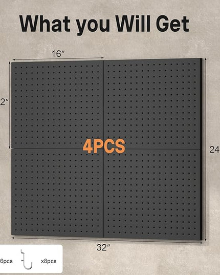 Peg Board,4 Pack Metal Pegboard Panels and Accessories,Heavy Duty Peg Board with 8 Pieces Hooks, Black Wall Pegboards Organizer for Garage,Bedroom,Ornaments Display
