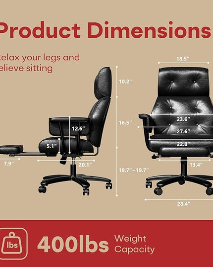 Criss Cross Chair with Wheels and Arms, Reclining Office Chair with Footrest and Wide Seat, Leather Big and Tall Desk Chair 400LBS, Button Tufted Vintage Design, Black