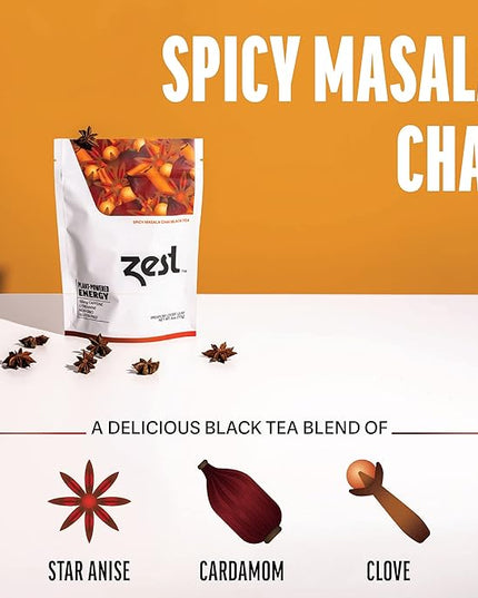Zest Energy Black Tea - Spicy Masala Chai Loose Leaf Blend - High Caffeine Cardamom Ginger Tea with Cinnamon - Caffeinated Coffee Altnernative - Natural, Non-GMO & Keto - 50 Servings - 150mg Caf