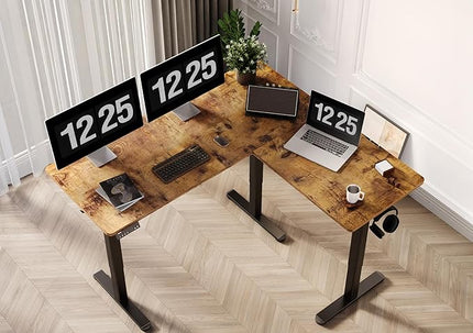 Claiks L Shaped Standing Desk Adjustable Height, Dual Motor Electric Corner Standing Desk, 63x55 inch Sit Stand up Desk with Splice Board, Rustic Brown