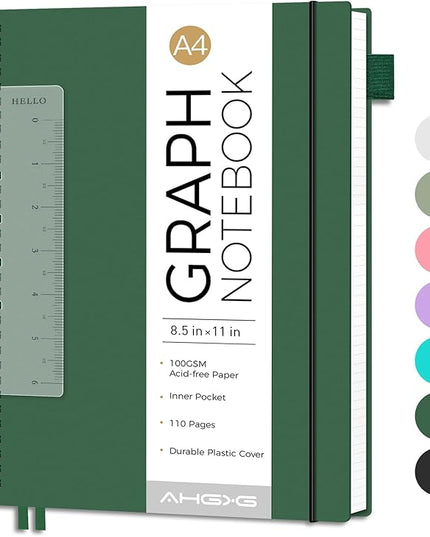 AHGXG Graph Paper Notebook - Spiral Notebook 8.5" x 11", A4 Large Graph Notebook, 100 gsm Thick Grid Paper, Waterproof Plastic Cover Journals for School Writing Engineering Math, Green