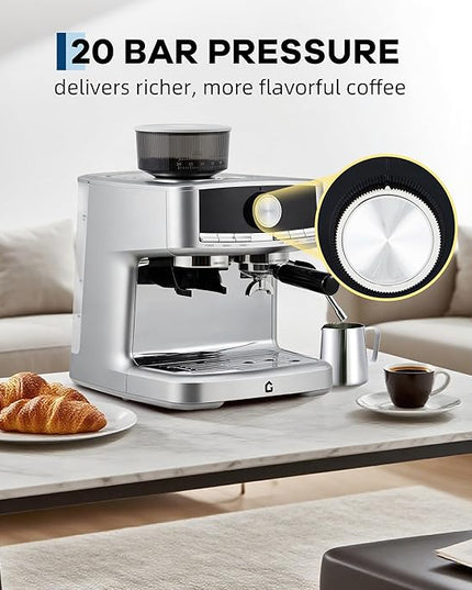 20 Bar Espresso Machine with Built-in Grinder, Stainless Steel Coffee Maker with Milk Frother Steam Wand, 1.5L Removable Water Tank, Adjustable Shot Volume for Home & Office