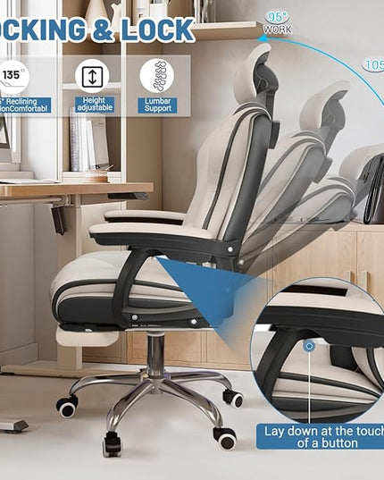 Executive Computer Chair Home Office Desk Chair,Adjustable Angle, Ergonomic Adjustable Height PU Leather Chairs with Cushions Armrest for Long Time Seating-High Office Chair with Footrest