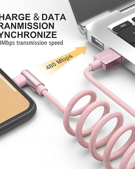 2 Pack 90 Degree iPhone Charger 10Ft Mfi Certified Lightning Cable Right Angle Long Nylon briaded Cord Compatible with Apple iPhone 14 13 12 11 Pro Max XS XR X 8 7 6 5 Plus iPad (Pink)