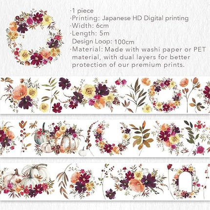 WT Autumn Rose Wide PET Tape, Single Roll, Original Designs, Floral Decorative Tape, Transparent Craft Tape for Bujo Planner & DIY Supplies, Watercolor Flowers