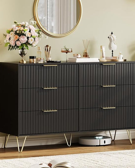 Garvee Fluted Dresser for Bedroom with 6 Drawers,47" Wide Modern Chest of Wooden Bedroom Chest with Metal Handle,Clothes Storage Organizer,Closet Dresser & TV Stand for Living Room,Hallway,6&Black