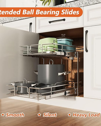 ROOMTEC Individual Pull Out Cabinet Organizer (17" W x 21" D), 2 Tier Spice Rack Organizer for Cabinet, Slide Out Drawer Pantry Shelf Organization and Storage for Kitchen Bathroom